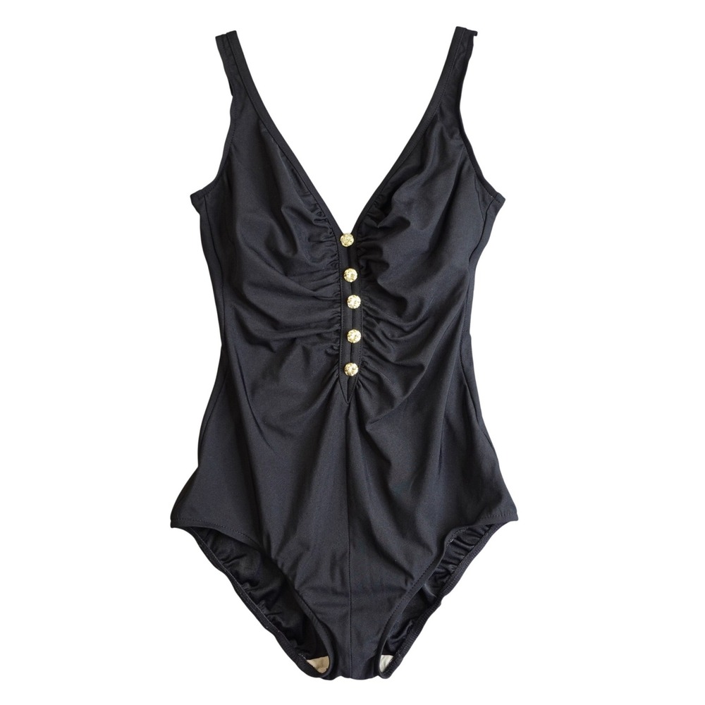 Vintage 60s One Piece Swimsuit Womens 12 Black Gold‎ Button Ruched Retro Pinup